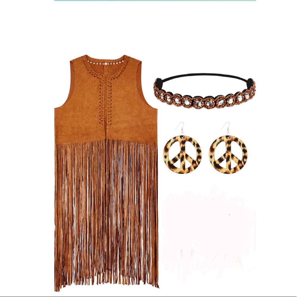 Women Hippie Costume Set Fringe Vest Faux Seude Tassels Vest
